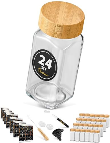 Cuccinara® 24 Gewürzgläser Eckig 120ml mit 210 Etiketten, Bambusdeckel & Streueinsätzen (grob & fein) - Luftdichte Gewürzdosen inkl. Trichter, Permanentmarker & Bürste - Spülmaschinenfest