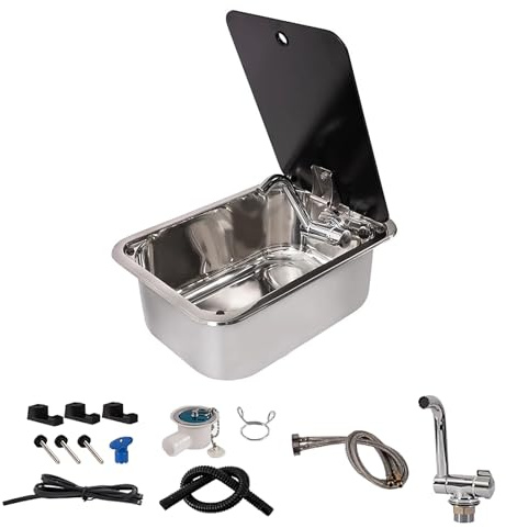 Camping Wohnmobil Reisemobil Spüle, Spüle Edelstahl, Kleine Außenküchenspüle, Komplettset mit Spüle, Abdeckung, Wasserhahn und Sieb (Color : Square)