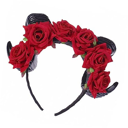 HAPINARY Halloween Hornstirnband mit Roten Rosen aus Leichtem Polyethylen Detailreiches Haarband für Karneval und Cosplay Geeignet