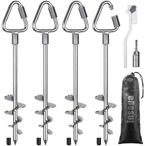 Insaga Ground Anchor, 4pcs Heavy Duty Tent Peg Trampoline Earth Stake Strong Storm Spiral Screw Spike for Garden Swing/Camping/Canopy/Shed/Dog/Carport with Carabiner Lockset, Orthogonal Triangle/44cm