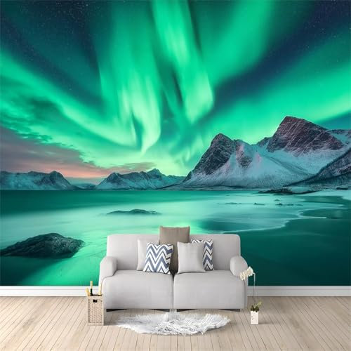 Papier Peint Aurores Boréales Naturelles Intissé, Vert Panoramique 3D Papier Mural 350 x 256 cm Luxueux poster geant Décoration murale fond, Papier peint pour différentes pièces