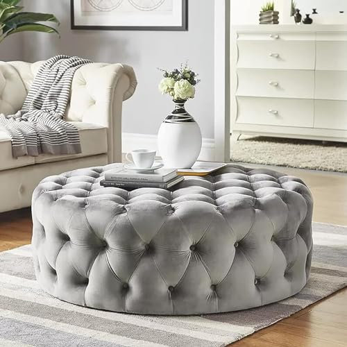 Runde getuftete Ottomane aus Plüschsamt, Fußstütze, Hocker, moderne Bettbank oder kleiner Couchtisch für Wohnzimmer, Schlafzimmer, 60 x 60 x 40 cm, Anthrazit