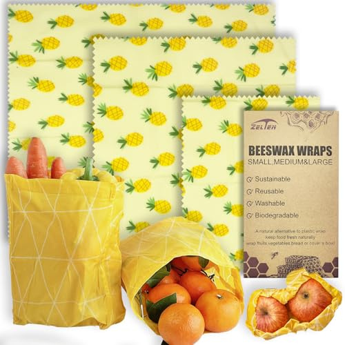 Beeswax Reusable Food Wraps - (3 Packs, 3 Sizes S,M,L) Plastic and Silicone Free, Eco-friendly Wrap, Wax Paper for Food,Pineapple