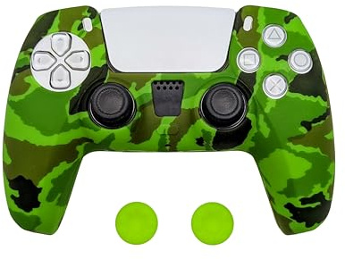 Fundación Mando PS5- Impermeable, Resistente y Antideslizante - Diseño Verde Camuflaje - Protección Segura para Mandos PS5- - Con Juego de Empuñaduras a Juego con la Funda
