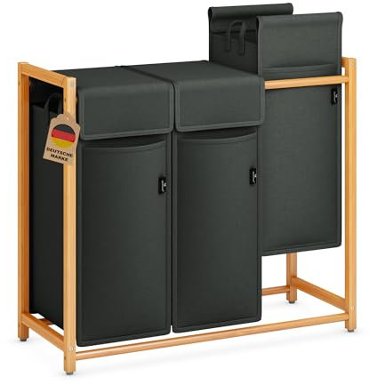 AdelDream Panier à linge, trieur de vêtements, 3 compartiments, avec poches amovibles, en bambou, 150 l, gris foncé