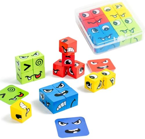 JJiaoLinin Expression Puzzle Building Blocks, Giocattolo con Espressioni in Legno, Giochi Montessori Puzzle Bambini,Cubo Giocattolo In Legno,Puzzle Building Blocks per Bambino 3+ anni
