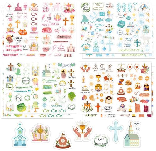 Lot de 8 Feuilles d'Autocollants pour Enfants, Idéal pour Communion, Baptême, Confirmation, Feuilles d'Autocollants pour Livre d'or et Album Photo, pour Fille et Garçon