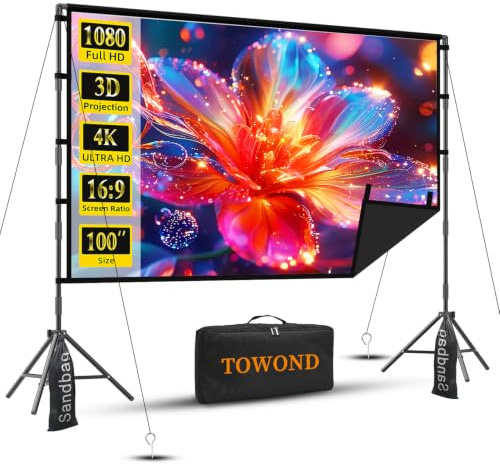 Projector Screen with Stand, TOWOND 100 inch Portable Projector Screen Black Backing, Indoor Outdoor Movie Screen 16:9 4K HD Wrinkle-Free Projection Screen with Carry Bag for Backyard Movie Night