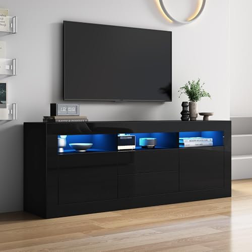Merax Hochglanz TV Schrank mit LED-Beleuchtung, App Steuerung, mit 3 offenen Fächern, 2 Türen, 2 Schubladen, Lowboard Sideboard TV-Kommode Fernsehtisch für 70-Zoll-TVs, Schwarz/160x35x60cm