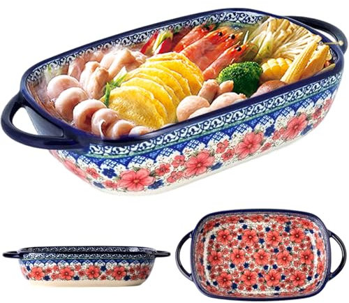 730ml Heat-Resistant Ceramic Baking Dish, Rectangle Lasagna Dish with Flower Print, Non-Slip and Easy to Clean