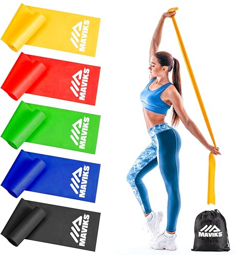 MAVIKS Exercise Bands Resistance Bands for Working Out, Set of 5 Bands, Elastic Resistance Bands for Physical Therapy, Pilates,Yoga, Stretching, Home Fitness with Guide and Carry Bag
