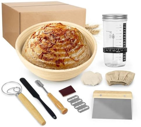 TFixol jm sol - Barattolo per pasta madre in vetro, 880 ml, bocca larga con coperchio in bambù, cucchiaio in legno, coperchio in tessuto, fascia per alimentazione, kit ideale per lievito naturale C e