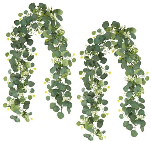 Umllpet 2 Stück 180cm Eukalyptus Deko, Realistische Grün Blätter Ranken, Hängende Efeu Deko für Wohnzimmer Hochzeit Valentinstag Muttertag, Feierliche Blumengirlande zur Innendeko