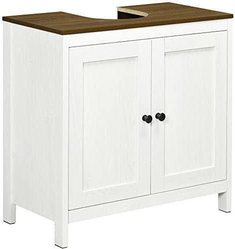 kleankin Mobile Sotto Lavabo Bagno a U con Ripiano Interno Regolabile e 2 Ante, Mobiletto Bagno in Truciolato, per Lavabi con o senza Colonna, 60x30x60 cm, Bianco e color Noce