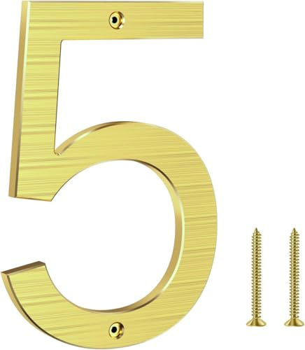20cm Aluminium Hausnummer, hausnummer schild, Aus massivem Aluminium mit gebürsteter Oberfläche, Schraubmontage, Witterungs und korrosionsbeständi, für Tür/Wand/Zaun/Garage - Gold Ziffer 5