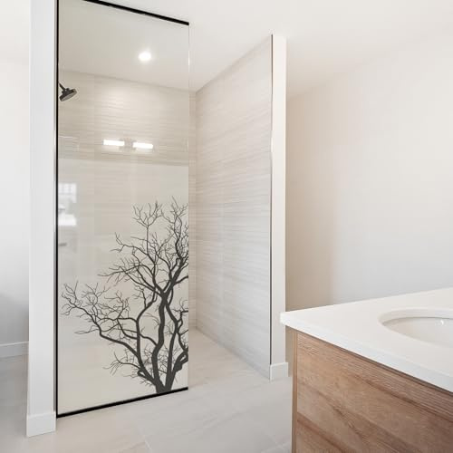 yabaduu Sichtschutzfolie für Duschkabine Duschglastüre Fensterfolie Blickdicht Milchglasfolie wasserfest Deko Klebefolie Badezimmer Dusche selbstklebend YX001 (22 Baum Schwarz, 100 x 100cm)