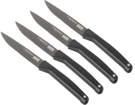 Kuhn Rikon Iced Steak Knife 4-Piece Set with Serrated Blade and Weighted Handle. Total Length = 22.5cm. Blade Length = 10.5cm. Crafted from Ice Hardened German Stainless Steel. Corrosion Resistant.