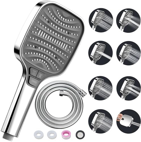 Shower Head High Pressure Shower Heads – with 8 Spray Modes and 1.5m Hose, Square Handheld Showerhead for Bathroom Fixtures, Handheld Showers, Bath Shower Attachment, Large Shower Head Chrome Silver