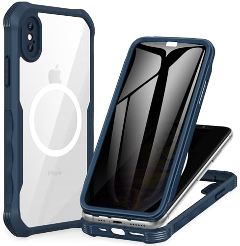 CENHUFO Sichtschutz Hülle für iPhone X/iPhone XS, Kompatibel mit MagSafe Eingebautem Privacy Panzerglas Displayschutz, 360 Grad Handyhülle Magnetisch Schutzhülle Panzerhülle Stoßfest Case -Blau