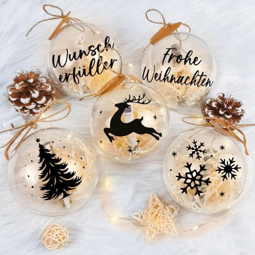 Geldgeschenke Weihnachten Verpackung, 5pcs Plastik-Weihnachtskugel mit Transferaufkleber, LED Lichterkette Jutegarn und Raffia, Gutschein Weihnachten Verpackung Weihnachtsbaum Deko