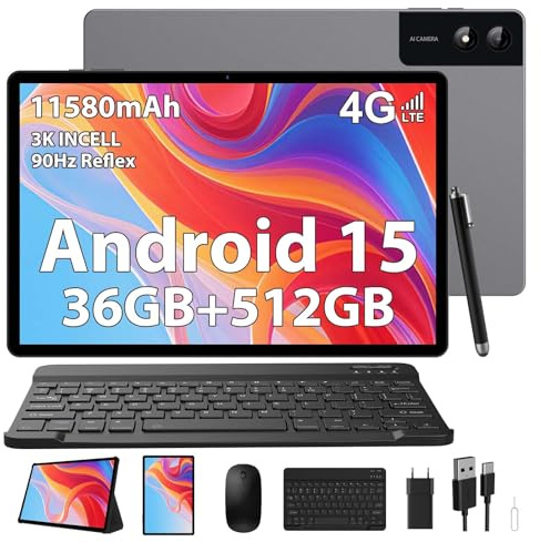 SADSYMB Tablette 13 Pouces avec Android 15, 36GB RAM+512GB ROM(TF2TB), G99 2.2GHz Octa-Core, 4G LTE/5G WiFi, 2960x1840 INCELL, Gemini AI, 11580mAh,13MP+8MP, BT 5.0/GPS/Face ID/Tab avec Clavier(Gris)