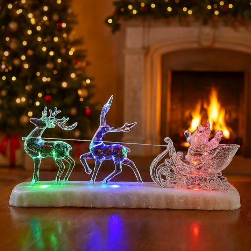 Marco Paul LED Christmas Acrylic Tree & Reindeer Ornament – 27 cm Musical Light-Up Scene with Multi-Coloured Lights – Battery-Powered Festive Xmas Decoration (Sleigh)
