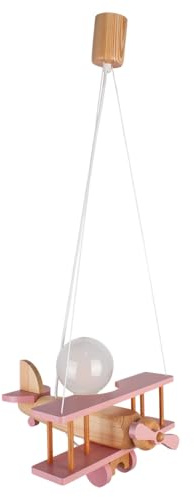 HELLUX Kinderzimmer Lampe Decke aus Holz | Deckenleuchten für Kinder | Kinderlampe Decke 70x29x32cm für Babyzimmer | Flugzeug Lampe E27 ohne Leuchtmittel (Rosa/Naturholz)