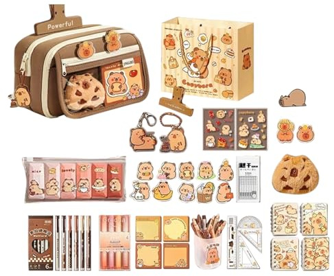 Generiskt skrivset för flickor | skolmaterial med anteckningsbok och pennor | Capybara Sticker pennfodral set för barn | för dagis kontor flickor barnfödelsedag julfest gästpresenter