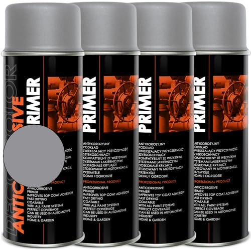 Deco Color 4er Sparpack Grundierung 400ml Haftgrund für z.B. Alufelgen, KFZ, Holz, Beton (4 Dosen Grundierung grau 400ml)