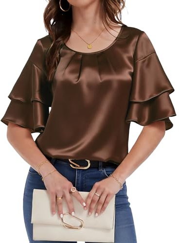 PEIQI Women's Short Sleeve Tops Dressy Casual Satin Silk Crewneck Blouse 2026 Party Loose Fit Shirts Coffee Medium