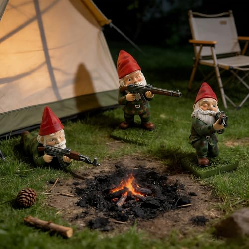 Rppiup 3Pcs Garden Gnomes Ornaments, Military Soldier Garden Gnomes Outdoor Funny with Guns AK47, Lovely Army War Garden Gnome Statues, Indoor Outdoor Yard Garden Patio Lawn Decorations (not lamp)