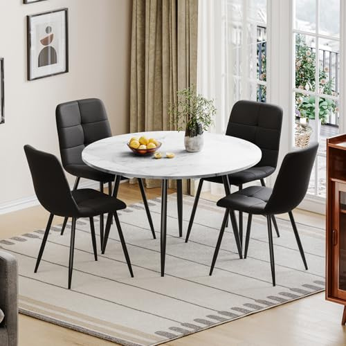 Luxstein Dining Table and Chairs Set 4, Extendable Round Marble Folding Table with 4 Black Upholstered Fabric Chairs for Dining Room, Kitchen