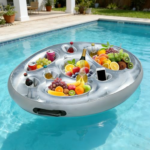 Mineup Porte-gobelet Gonflable Flottant, Support Gonflable de Boisson, Porte Gobelet Gonflable Piscine, 2 en 1 Plateau Flottants, Plateau Flottant Piscine pour Fête Plage Fête Argent 70 x 50 cm