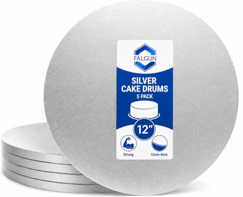 FALGUN Premium 12 Inch Silver Cake Drum Boards Pack of 5 – 12 Thick Round Cake Boards for Wedding Cakes, Birthday Cakes & Celebration Cakes – Heavy Duty Cake Base - Pack of 5