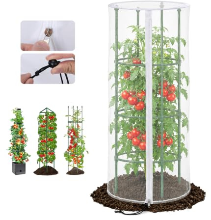 Tomatenschutzhaube 150 x 45 cm Tomatenhaube Rund mit Reißverschluss Zugband Tomatenschutz Vogelschutznetz Insektenschutznetz für Tomatenkäfige Tomaten Rankhilfe
