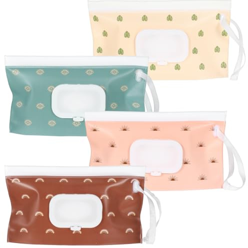 SULIKJHUI 4 Stück Eva Feuchttücher Tasche für Unterwegs mit Klappdeckel | Wiederverwendbarer Feuchttuchspender Feuchttücher Tasche, 24 x 13,5 cm, Grün, Rosa, Beige, Kaffee