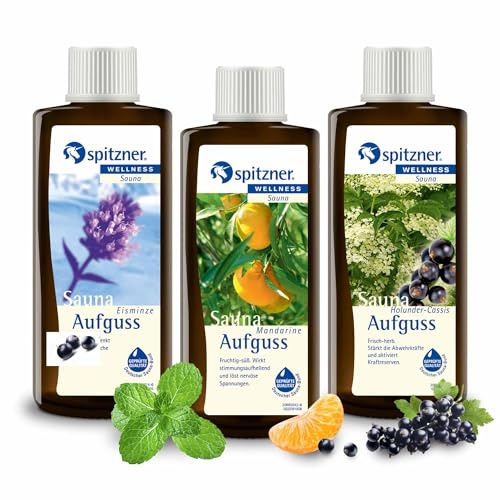 spitzner Saunaaufguss Set Frisch und Fruchtig (3 x 190 ml) – Wellness Sauna, natürliches Saunaöl mit aromatischem Saunaduft Eisminze, Mandarine, Holunder-Cassis