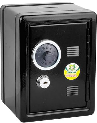 JOLLY Tresor Spardose aus Metall, Schwarz, Zahlen- und Schlüsselschloss, 12x10.5x16 cm, für Kinder geeignet