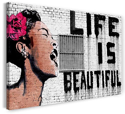 Printed Paintings Leinwand (100x70cm): Banksy - Life is Beautiful Frau mit Rose im Haar mit Schri