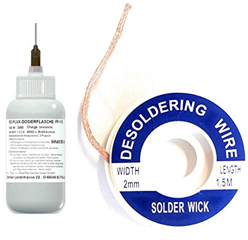 EO SMD-Lötset Nr. 7a (1 x EO-Flux-Dosierflasche FF-110, 50 ml No-clean Elektronik-Flussmittel mit 5,8% Feststoff + 1 x Entlötlitze 2,0 mm - Hohe Saugfähigkeit)