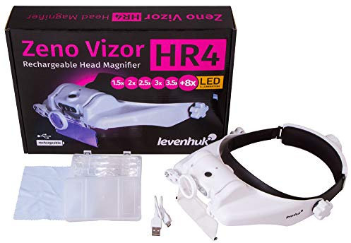 Levenhuk Zeno Vizor HR4 USB Wiederaufladbare Kopfbandlupe – Leichte Freihändige Lupenbrille Set mit Stirnband, LED Licht und 5 Austauschbaren Linsen mit 1.5X, 2X, 2.5X, 3X, 3.5X, 8X Vergrößerung