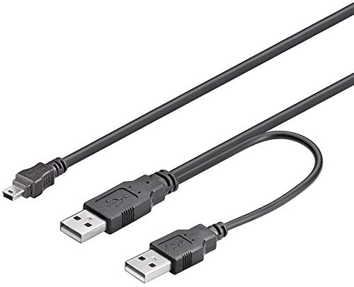 PremiumCord USB 3.0 Stromversorgung Y-Kabel, Mini USB-B Stecker auf 2X USB-A Stecker, Datenkabel HighSpeed bis zu 480 Mbit/s, Farbe schwarz, Länge 0, 5m