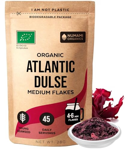 Organic Atlantic Dulse Flakes Young Seaweed Grown in North Atlantic, Vacuum Dried Premium Quality. Soft Texture & Mild Taste. Add 1 tsp to your dish for daily vitamins/minerals. 45 Servings (1 Oz)