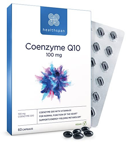 Healthspan Coenzyme Q10 100mg | 60 Capsules | Supports Heart Health & Energy Metabolism | Added Vitamin B1 | All Natural CoQ10 Fermented for Optimum Purity | Sunflower Oil Base | Vegan