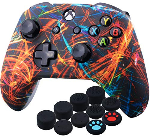 YoRHa Printing Rubber Silicone Cover Skin Case for Xbox One S/X Controller x 1(Night Beam) with Thumb Grips x 10