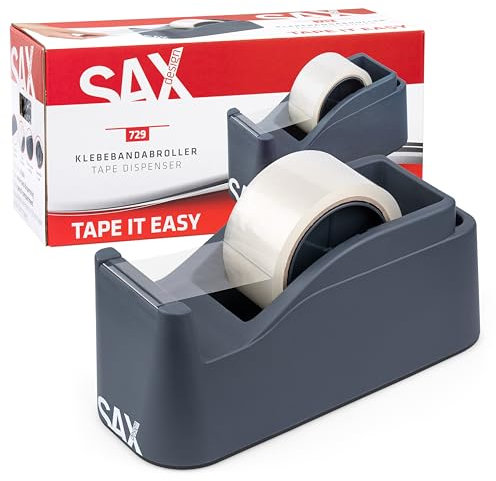 SAX Tape it Easy XXL Dispenser per nastro adesivo a una mano extra pesante, dispenser per nastro da pacchi con funzione di portapenne, antiscivolo, antracite