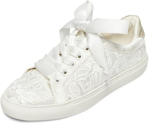 JIAJIA 8833 Bröllopsskor Brud Sneakers Lägenheter Brud Tennis Skor Spets Sneakers Färg Elfenben,Storlek 35 EU (2.5 UK)