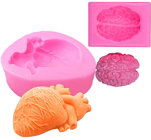 3D Brain & Heart Shape Silicone Candle Soap Making Mold Cake Decorating Fondant Chocolate Candy Baking Mould for Halloween Party Handmade Craft DIY Sugarcraft Gift (Pack 2)