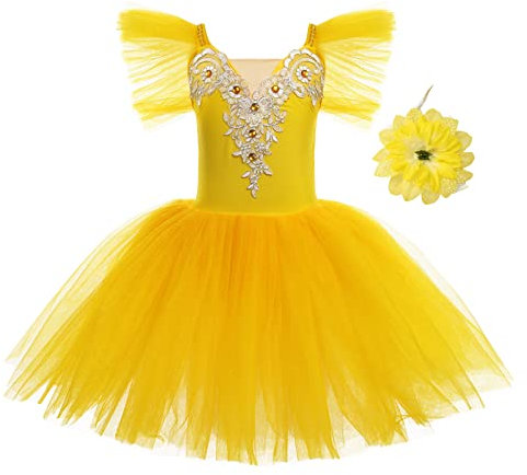Mädchen Ballettkleid Rüschenärmel Spitze Rock Tütü Balletttrikot + Haarspange Kinder Ballettkleidung Ballettanzug Tanzkleid Tanzbody Skaten Gymnastik Tanzbekleidung Ballerina Kostüm Gelb 9-10 Jahre