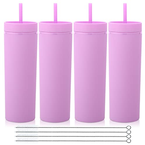 Volhoply 600ml Vasos de Plástico 4 Pack,Vaso de Doble Pared con Tapa y Pajita,Taza de Café Helado de Viaje Reutilizable,Tumbler de Agua de Acrílico Mate Sin BPA para Fiestas,Regalos (Púrpura,4 Set)
